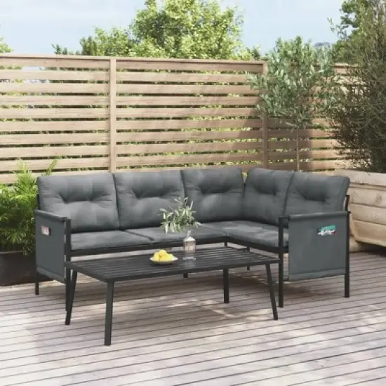 vidaXL Modern Outdoor Patio Corner Sofa - Anthracite Steel & Textilene Material &ndash; Comfortable Cushioned Seating - Side Storage Bags Included image {1}