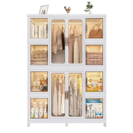 KWPZQEB Large Wardrobe Closet Organizer with Transparent Doors and Wheels, Collapsible Plastic Wardrobe Cabinet with Hanging Rod for Bedroom, White image {8}