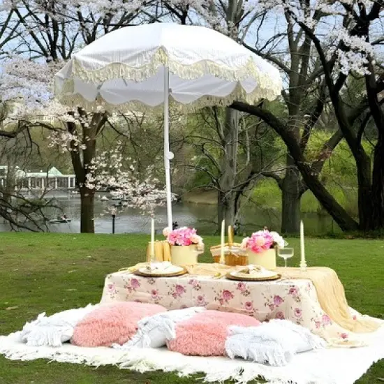 LAGarden 6Ft Fringe Patio Umbrella with Push Button Tilt Carry Bag UV30+ Outdoor Beach Yard Pool Party Deck Purple Stripe image {1}