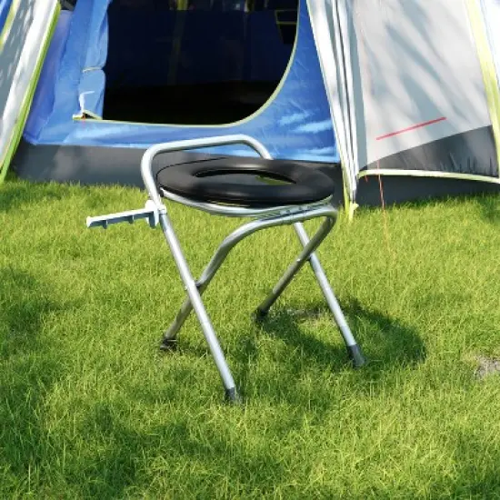 Flash Furniture Medical Grade Folding Travel Toilet with Cushioned Seat and Non-Slip Feet-SIL/BK image {8}