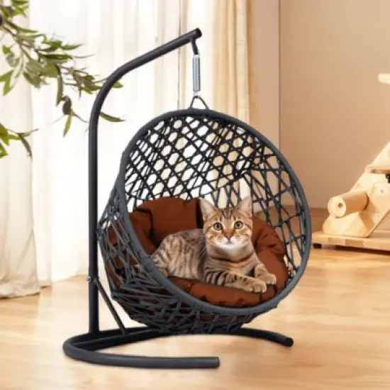 Indoor & Outdoor Hanging Wicker Cat Bed with Stand and Cushion, Egg Chair Style Swing for Small Pets-The Pop Home image {7}