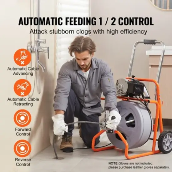 VEVOR Drain Cleaner Machine 75FT x 1/2 Inch, Auto Feed Sewer Snake Drain Auger on Wheels, Portable Drain Cleaning Machine, Gray image {2}