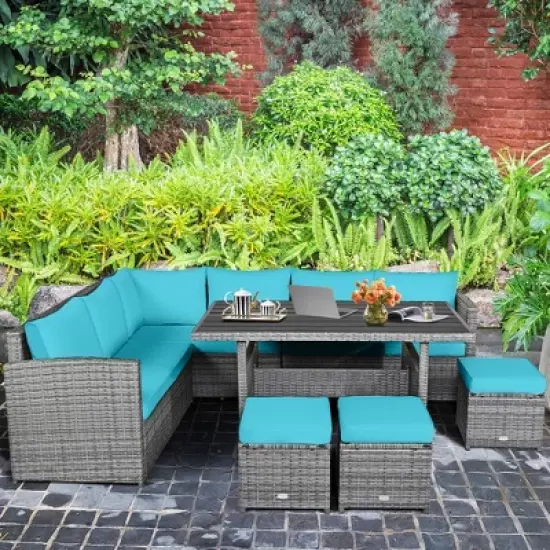 Tangkula 7PCS Rattan Patio Sectional Sofa Set Conversation Set w/ Turquoise Cushions image {2}