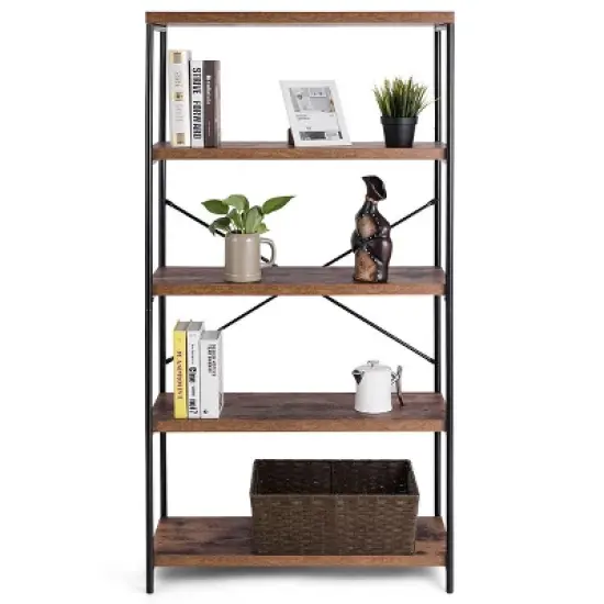 Costway 5-Tier Bookshelf, Industrial Etagere Bookcase, Rustic Display Shelf Organizer image {5}