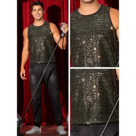 Lars Amadeus Men's Sparkly Sequins Crew Neck Party Club Metallic Tank Top image {3}