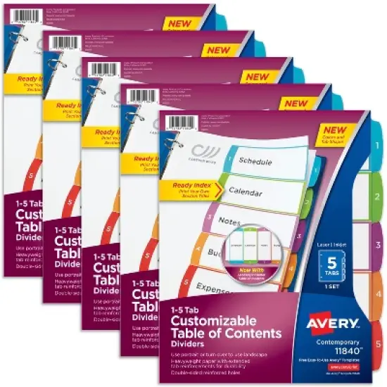 Avery Dividers for 3 Ring Binders, 5 Tabs per Set, Customizable Table of Contents, Multicolor Arched Tabs (11840) image {8}