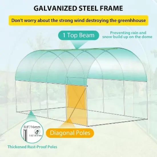 Tunnel Greenhouse 13 x 8 x 7 FT Hoop House Galvanized Steel Frame PE Cover with 6 Mesh Windows 2 Roll-Up Zipper Doors image {7}