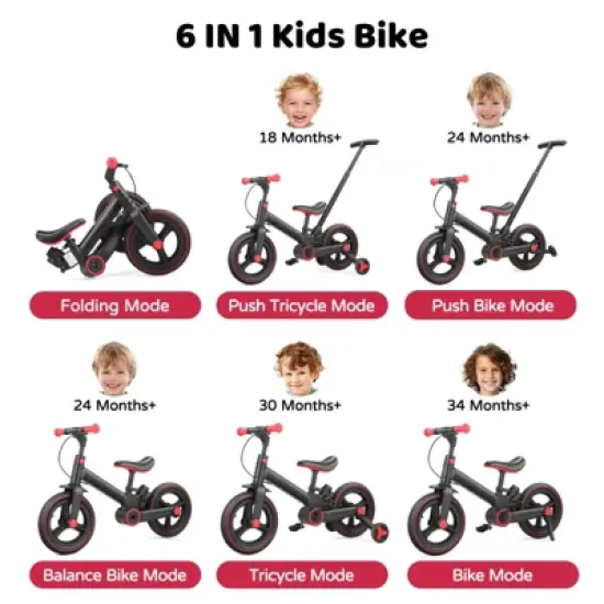 Itopfox 6-in-1 Foldable Toddler Bike with Push Handle, Training Wheels & Pedals for Kids 18-60 Months Adjustable Balance Bike for Boys & Girls image {2}