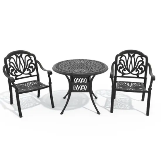 3-Piece Cast Aluminum Outdoor Dining Set with Brown Cushions, Round Table & Stackable Chairs - for Patio, Backyard image {2}