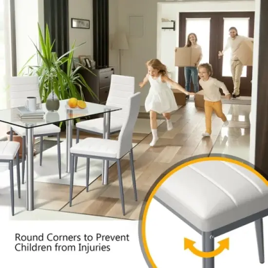 Costway 5 Piece Dining Set Table 29.6'' and 4 Chairs Glass Metal Kitchen Breakfast Furniture White image {3}