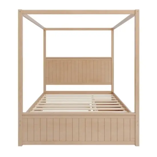 Queen Size 4 Poster Canopy Platform Bed with Trundle and 3 Drawers, Solid Wood Bed Frame with Headboard, No Box Spring Needed - ModernLuxe image {3}