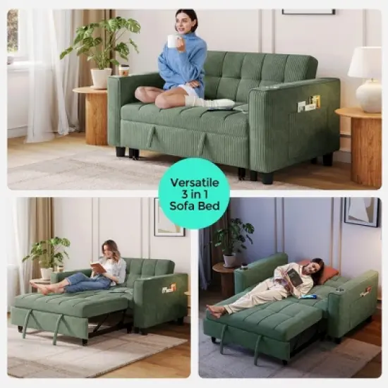 3-in-1 Convertible Sofa Bed, 54" Pull Out Sleeper Sofa with Charging Station & Cup Holder image {9}