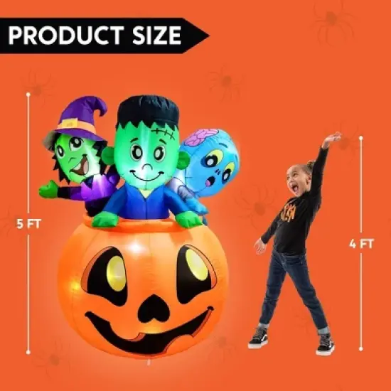 Joyfy 5 FT Tall Halloween Inflatables Outdoor Decorations, Inflatable Witch and Zombie on Pumpkin with LEDs for Halloween Party Yard Lawn Garden Decor image {7}
