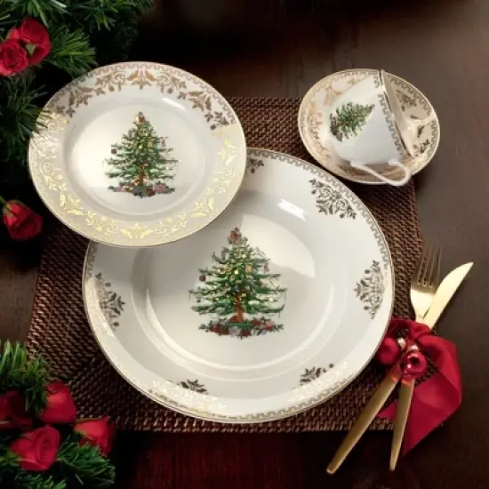 Spode Christmas Tree Gold Salad Plate, 8-Inch Porcelain Dinner & Appetizer Plate, Microwave & Dishwasher Safe, Festive Collectible Seasonal Plate image {4}
