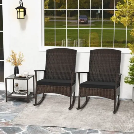 Costway 3 Piece Patio Rocking Set Wicker Rocking Chairs with 2-Tier Coffee Table Turquoise/Off White/Black image {3}