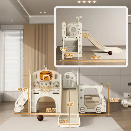 INFURNIC Baby Activity Gyms, Car Themed Baby Slide with Basketball Hoop and Storage Space, for Gift to Children, Multicoloured, 85.4"*74.4"*43.7" image {3}