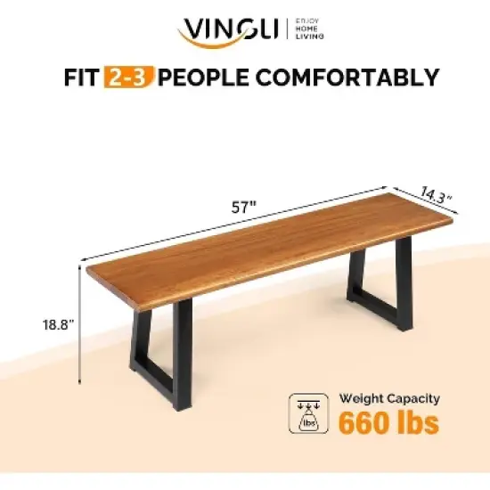 VINGLI 57in Outdoor Bench with Metal Legs, Long Wood Dining Bench Indoor Outdoor, All-Weather Wooden Porch Bench for Yard Garden Patio image {2}