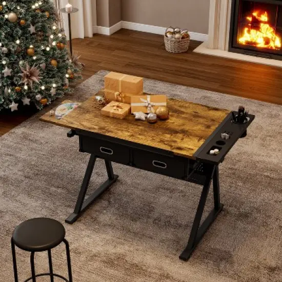 Gulches Adjustable Drawing Drafting Table with 2 Drawers Stool 0 75 Degree Tilt 69 91cm Height Home Office School Desk Brown image {3}