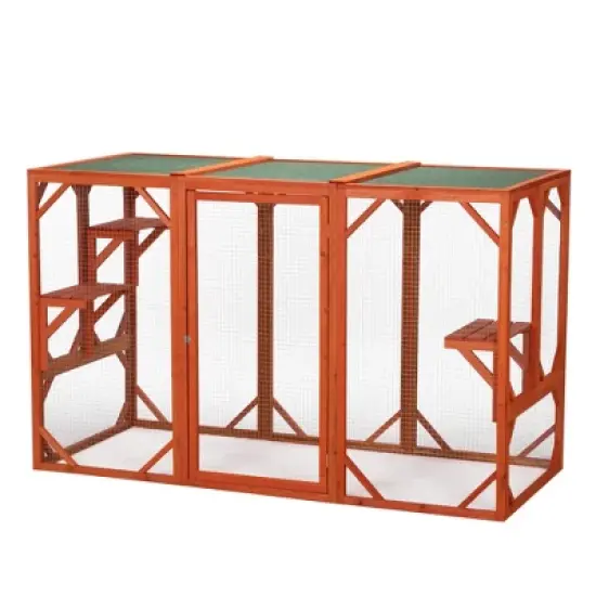 Sevobal Pet Crates and Houses Large Wooden Cat House, Outdoor Cat Cage with Water-proof Asphalt Planks and Cat Perches, Orange, 70.9"*31.5"*44.3" image {5}