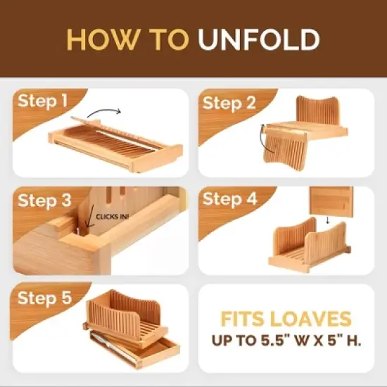 Bread Slicer for Homemade Bread - Bamboo Folding Bread Cutter with Knife, Crumb Tray & Adjustable Slicing Guide for Loaves, Bagels & Cakes image {5}