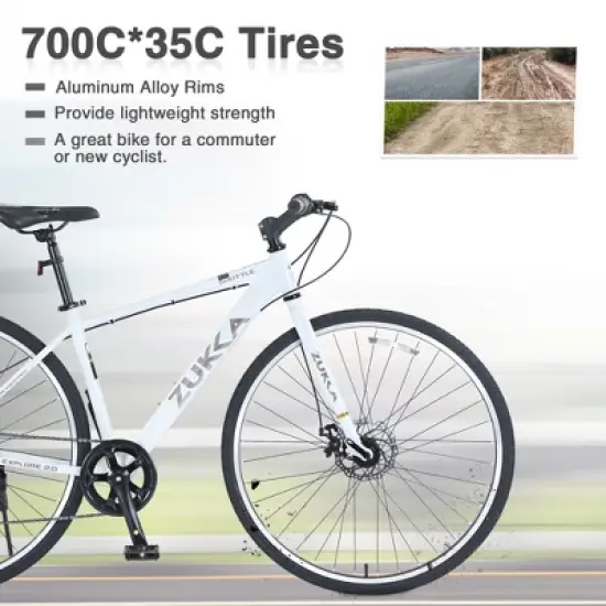 Gulches 700C White Hybrid Bicycles with 7-Speed System and Dual Disc Brakes - Unisex City Road Bike image {2}