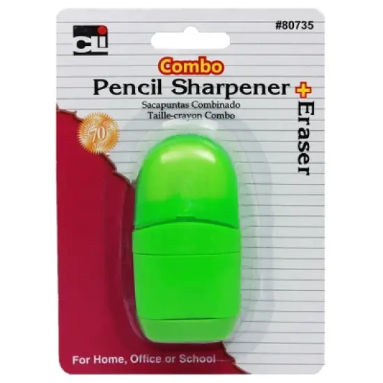 Charles Leonard Pencil Sharpener/Eraser Combo - 1 Hole with Eraser, Plastic, with Receptacle, Assorted Colors, Pack of 12 image {1}