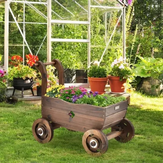 Decorative Wagon Cart Plant Flower Pot Stand Wooden Raised Garden Planter Box image {1}