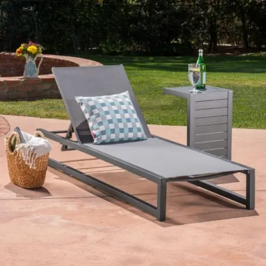 Christopher Knight Home Modesta Outdoor Mesh and Aluminum Chaise Lounge and C-Shaped Side Table Set, Gray/Black image {1}