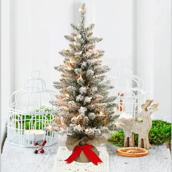 3ft Puleo Pre-Lit Flocked Fraser Fir Artificial Christmas Tree Clear Lights: Burlap Base, Indoor Use image {1}