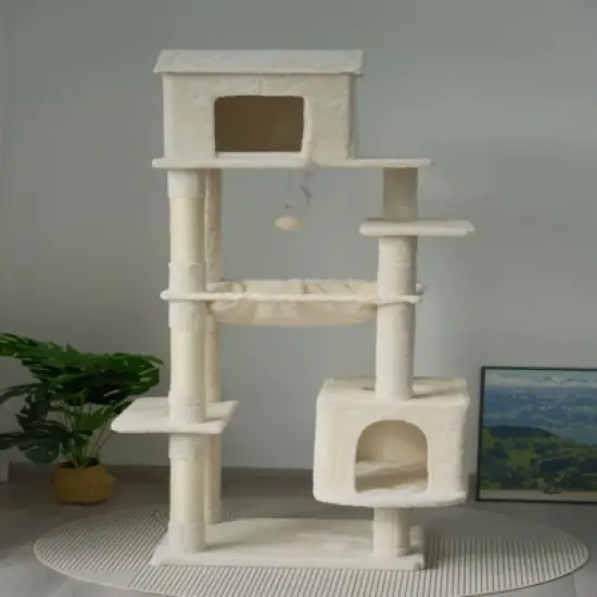 SEVOBAL Pet Tower 63-Inch Multi-Level Cat Tree with Plush Perches, Scratching Posts, Spacious for Play, Relaxation, Beige, 22.44"*11.42"*18.5" image {1}