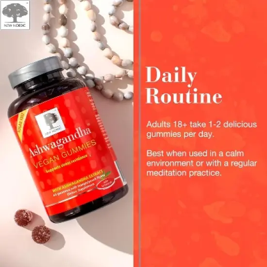 NEW NORDIC Ashwagandha Vegan Gummies - 300 mg Ashwagandha Root Extract , Sugar Free - Adaptogens for Men & Women - Delicious Mango Peach - 60 Gummies image {4}