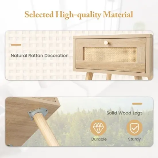 Tangkula 2 PCS Nightstand Bedside Sofa Table with Rattan Drawer for Bedroom & Living Room image {7}