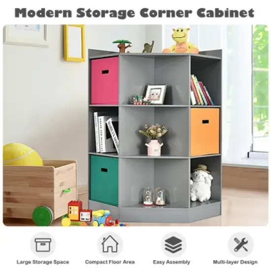 Costway 3-Tier Kid Storage Shelf Cubes w/3 Baskets Corner Cabinet Organizer Gray image {5}