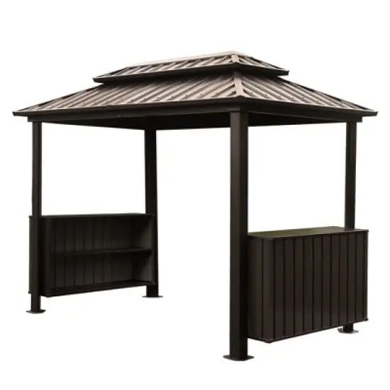 DOMETOUR 6x10FT Hardtop Grill Gazebo with Double Steel Roof, 2 Cabinets & Ceiling Hooks for Patio, Backyard, Lawn, Brown image {8}