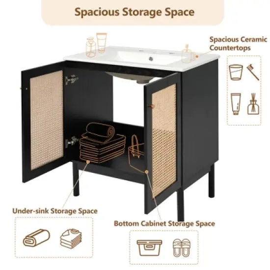 Whisen 30" Bathroom Vanity with Handmade Rattan Doors & Soft-Closing Mechanisms image {6}