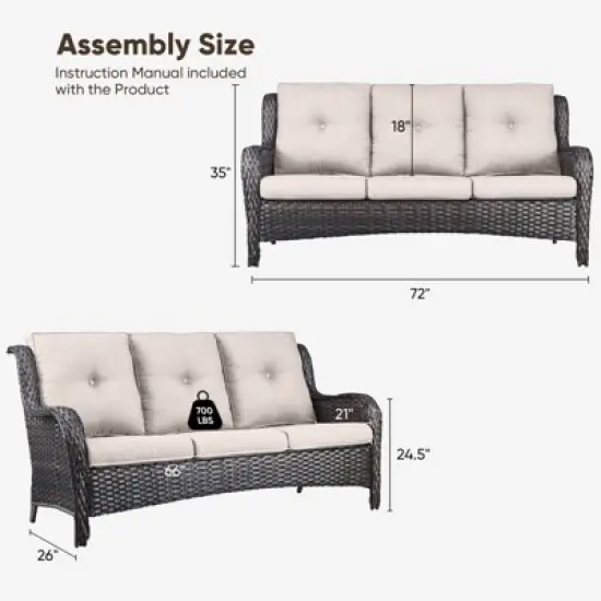 Buenhomino Outdoor Patio Couch Wicker Sofa - 3 Seater Rattan Sofa for Outside Patio Garden with Deep Seating and Olefin Cushions image {2}