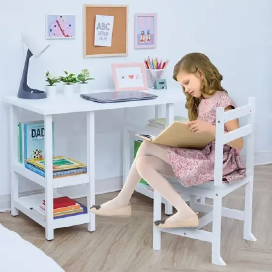Fantasy Fields -  Kids wooden Desk & Chairs set with shelves on the side  - White image {9}