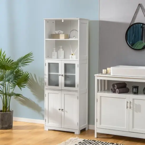 Tangkula Bathroom Tall Storage Cabinet Linen Tower w/ Glass Door & Adjustable Shelf White image {2}