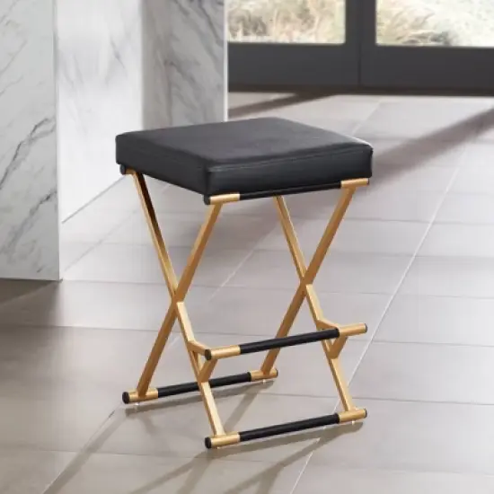 55 Downing Street Metal Bar Stool Gold 25" High Mid Century Modern Black Faux Leather Cushion with Footrest for Kitchen Counter Height Island Home image {1}