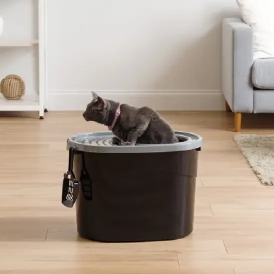IRIS USA Top Entry Cat Litter Box with Litter Catching Lid, Privacy Walls and Scoop, Cat Pan image {1}