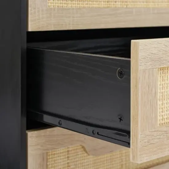 ODK Rattan Nightstand, Boho Bedside Table with 3 Large Storage Capacity, Spacious Surface, Modern Storage Night Stand for Bedroom, Black image {8}