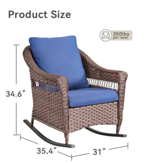 Patio Furniture Set 3 Pieces, Wicker Rocking Bistro Set with Thick Cushions, Outdoor Rocker Chairs and Coffee Table for Porch, Backyard or Garden image {2}