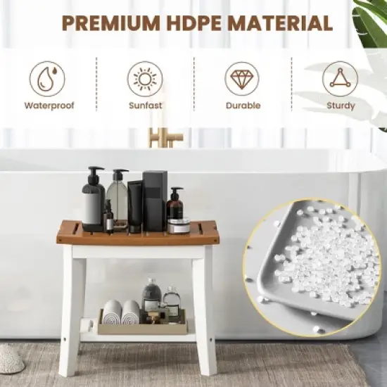 Costway 20'' x 13'' Heavy Duty Waterproof HDPE Shower Bench 2-Tier Bath Spa Stool Off White & Brown image {4}