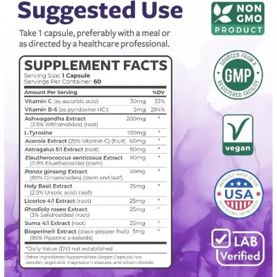 Adrenal Health Capsules, Cortisol Manager & Stress Relief with L-Tyrosine & Ashwagandha, Fatigue Supplement, Health's Harmony, 60ct or 120ct image {5}