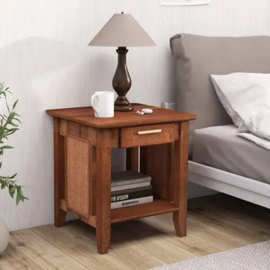 Tangkula Boho Style Nightstand 3-Tier Sofa Side End Table w/ Drawer & Shelf Walnut image {2}