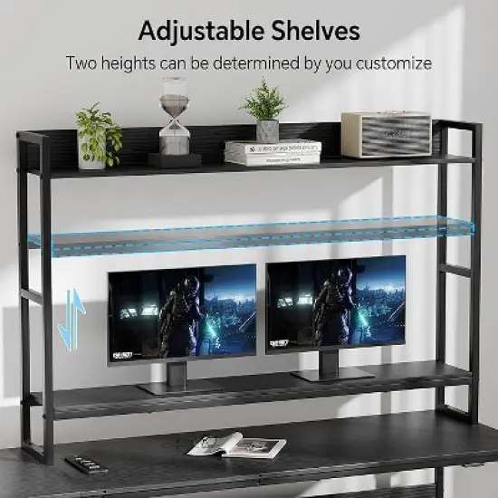 Mr Ironstone L Shaped Gaming Desk with LED Lights & Power Outlets Computer Desk with Hutch Office Desk with Storage Shelf, Headphone Hook,Cup Holder image {4}