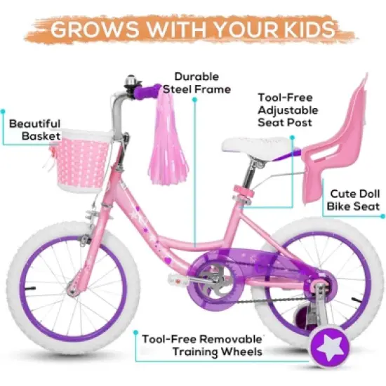 Hykolity 14-Inch Kids Bike for Girls Ages 3-5, Multi-Color, with Training Wheels, Doll Seat, Basket, Adjustable Saddle, Dual Brakes image {2}