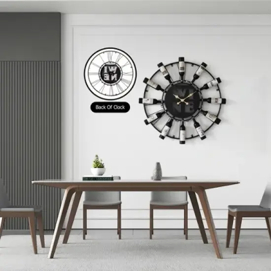 Vintiquewise Large Clock Wall-Mount Metal Wine Shelf &ndash; 24-bottle Rack with Mesh Cork Basket and LED Light &ndash; Elegant Wine Display image {5}