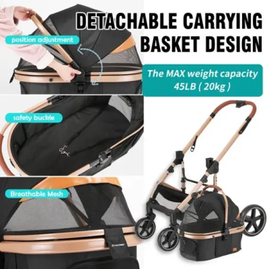 EchoSmile Black Lightweight Folding Pet Stroller with Detachable Carrier image {2}