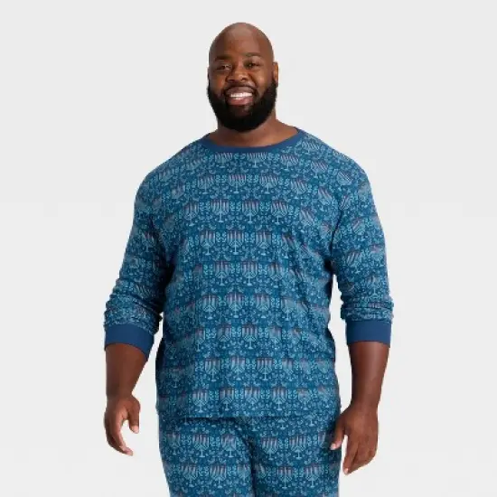 Men's Hanukkah Ribbed Long Sleeve Shirt and Pants Holiday Matching Family Pajama Set - Wondershop&trade; Blue image {2}